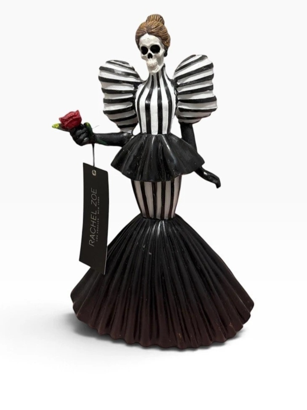 Rachel Zoe Striped Skeleton Figurine in Black & White dress with red rose NWT
